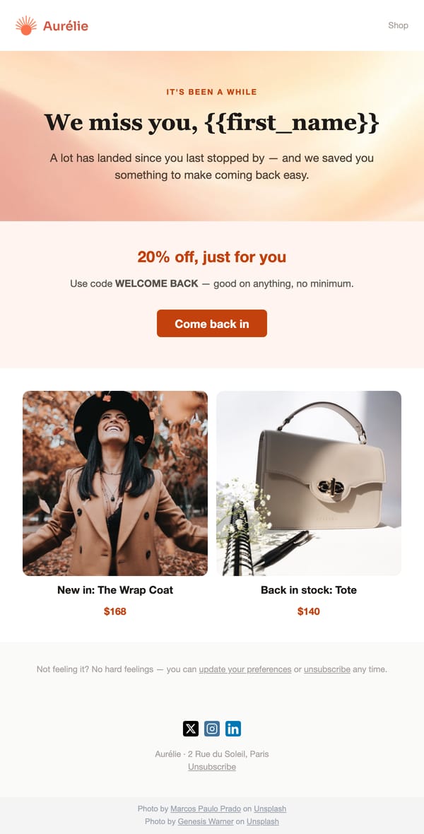 Win-Back email template, light mode