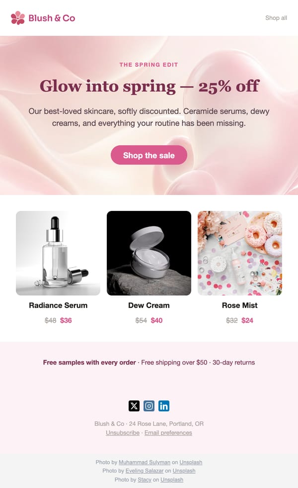 Blush Skincare Sale email template, light mode