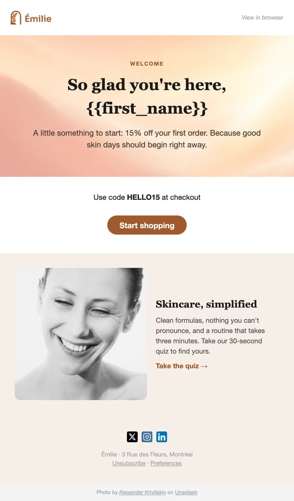 Beauty Welcome email template, light mode