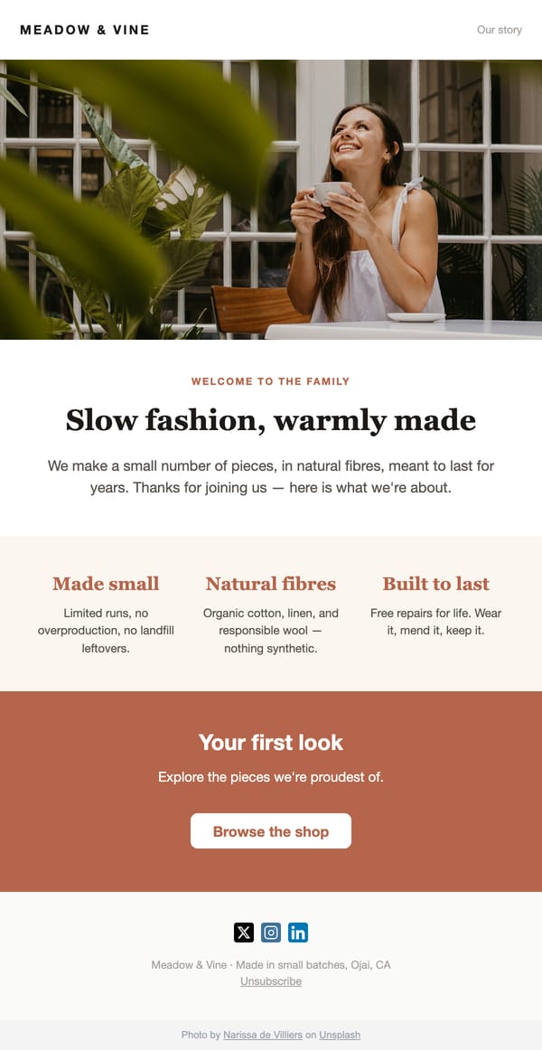 Slow-Fashion Welcome email template, light mode