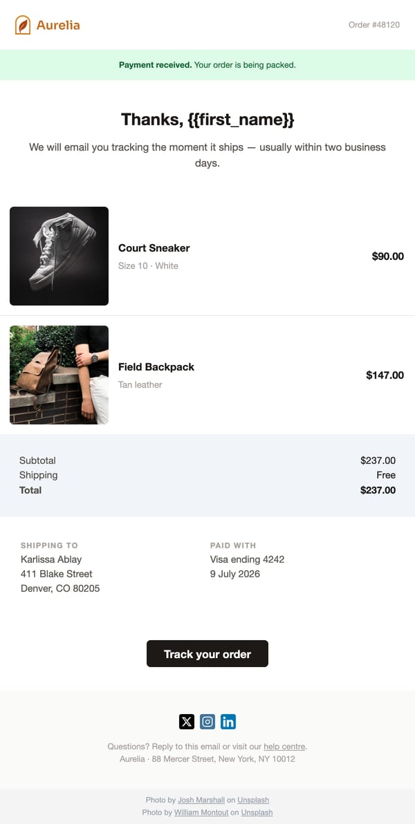 Order Confirmation email template, light mode