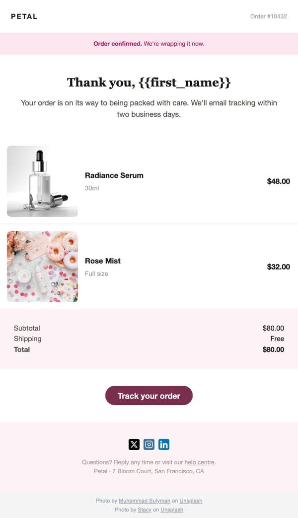 Beauty Order Confirmation email template, light mode
