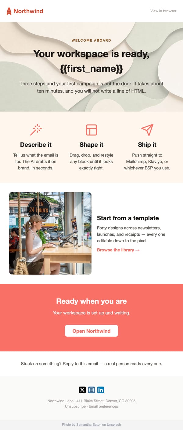 SaaS Welcome email template, light mode