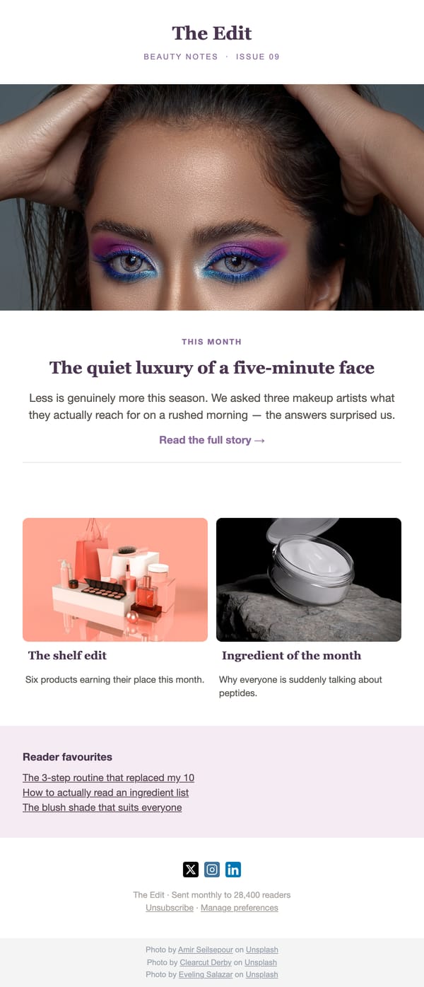 Beauty Newsletter email template, light mode