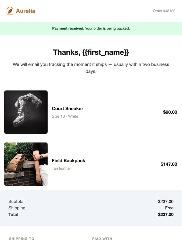 Order Confirmation email template preview