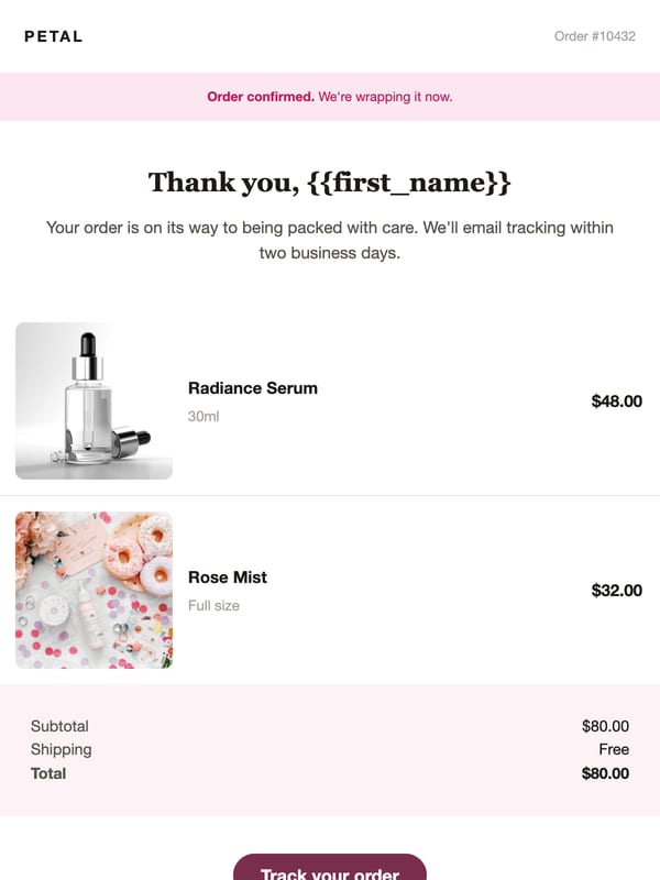 Beauty Order Confirmation email template preview